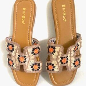 NWT Woman’s  7.5 Bamboo. Slide on Sandles. Flats.Orange Black Tan Multicolor.